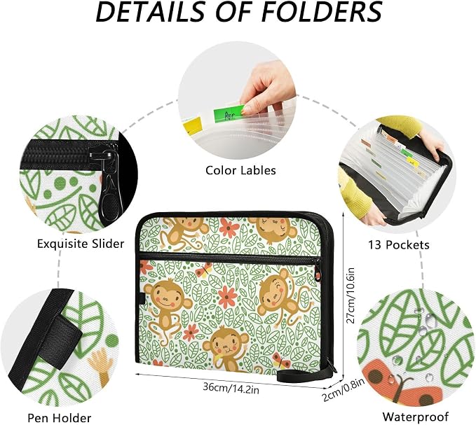 13 Pockets Expanding File Folder Funny Monkeys Green with Sticky Labels Accordion File Folder Document Organizer Letter Size A4 Papers Expandable File Keeper