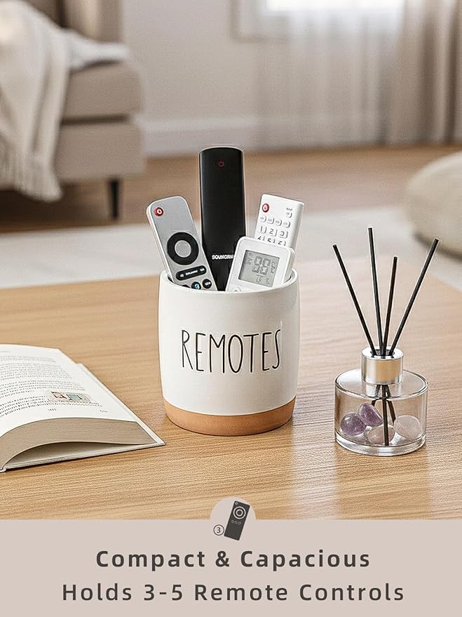 LEETOYI Ceramic Remote Caddy Storage, 4.8 Inch Remote Control Holder, Farmhouse Organizer for Pen Holder, Makeup Brush Holder, Office Supplies, White/Brown