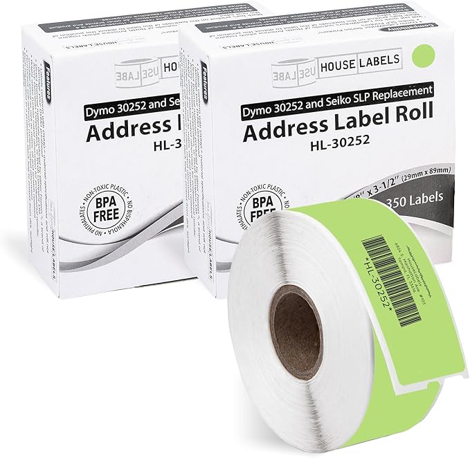 HOUSELABELS Compatible DYMO 30252 Green Address Labels (1-1/8" x 3-1/2"), Strong Permanent Adhesive, Compatible with DYMO LW 450, 4XL, Rollo & Zebra Desktop Printers, 25 Rolls /700 Labels