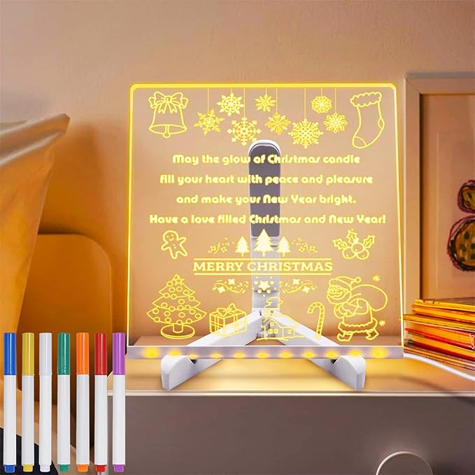 LED Note Board with Colors, Acrylic Led Note Board with Colors, Light up Dry Erase Board with Stand & 7 Pens, Glowing Memo Letter Message Board for Home Office School (7.87" x 7.87")