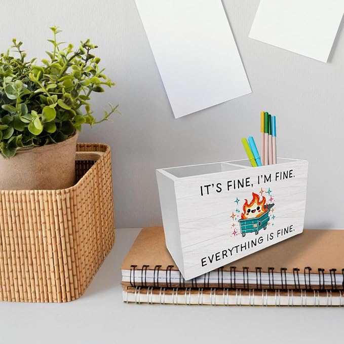 Humorous Dumpster Fire Pen Holder for Desk, It's Fine I'm Fine Funny Sarcastic Wooden Box Sign Desk Decor for Home Office Decoration, Dumpster Fire Gifts Pencil Organizer