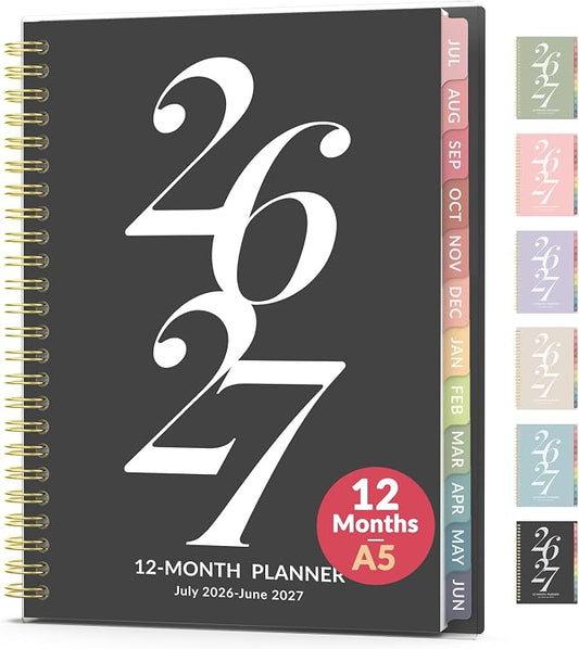 Forvencer Planner 2026-2027, July 2026 - June 2027, 6.3" x 8.4" Academic Planner Monthly and Weekly Calendar Planner with Spiral Bound, Month Tabs, Flexible Cover for School Office (A5, Black)
