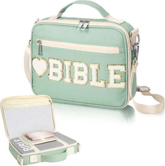 Silkfly Sage Green Bible Cover Case Preppy Large Chenille Letter Church Bag with Shoulder Strap Handle Back to School Gifts Waterproof Christian Tote Bag for Women Teacher Bible Accessories