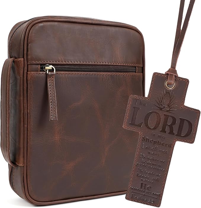 ELIZO Leather Bible Cover for Men Bible Case Women Holder Carrying Organizer Wrap Sleeve Protector Christian Religious Gift Cross Bookmark – Large Bourbon