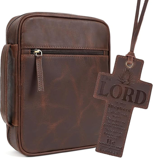 ELIZO Leather Bible Cover for Men Bible Case Women Holder Carrying Organizer Wrap Sleeve Protector Christian Religious Gift Cross Bookmark – Large Bourbon