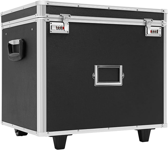 Locking Rolling File Box with Wheels, 19.2" L Portable Aluminum Alloy Storage Case on Wheels, Mobile Business Document Organizer with Handle for Home Office Travel (Black)