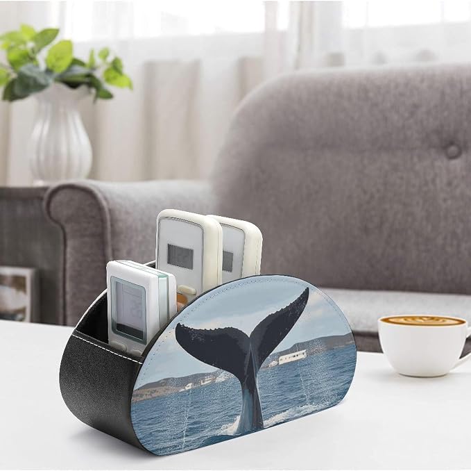 Whale Tail Remote Control Holder with 5 Compartments Leather TV Remote Caddy Remote Storage Box Desktop Organizer for Pen/TV Remotes/Media Controllers/Office Supplies
