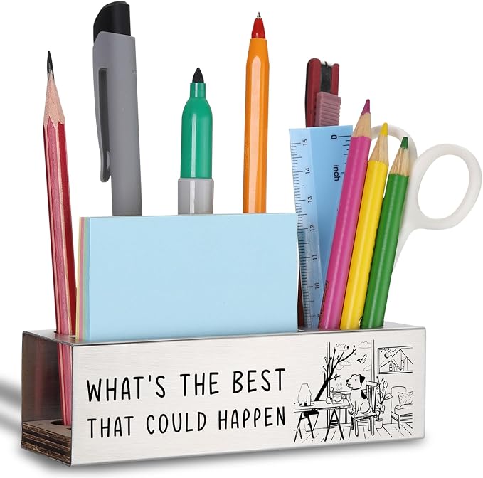 WINOESHE Stainless Steel Pencil Holder with What's The Best That Could Happen & Optimistic Dog Design, Positive Office Gift for Team Member, Uplifting Desk Organizer for Work Friend HUE25