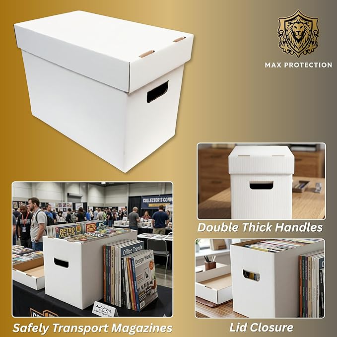 Max Protection Storage Boxes with Lids for Magazine, File, and Document Organization - Heavy Duty 200 lb Test Cardboard Boxes - Made in USA Corrugated Paper, 4 Pack