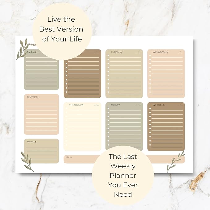 BLU MONACO | Earth Tones Weekly To-Do Notepad | 52-Sheet Tear-Off Weekly Planner with Goals & Priorities | Natural Desk Organizer with Calendar Layout