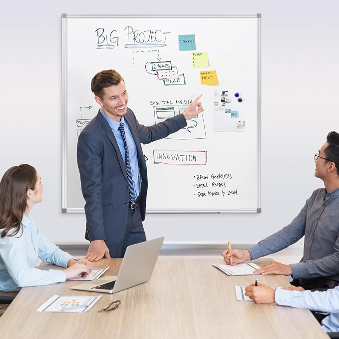 SWANCROWN Magnetic Dry Erase Whiteboard 48" x 48" Large White Board for Wall, Silver Aluminium Frame, Square Wall-Mounted White Board for School, Office and Home, 4' x 4'