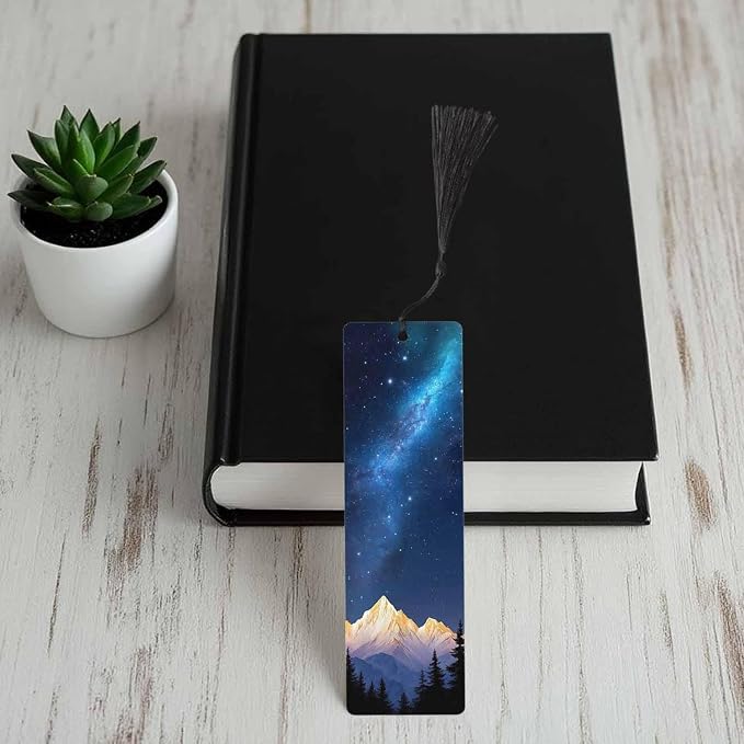 Starry Night Bookmarks 5 Pcs Sparkling Stars Mountain Tree Space Wooden Bookmark with Tassels for Reading Book Lovers Gift Office School Readers Teacher