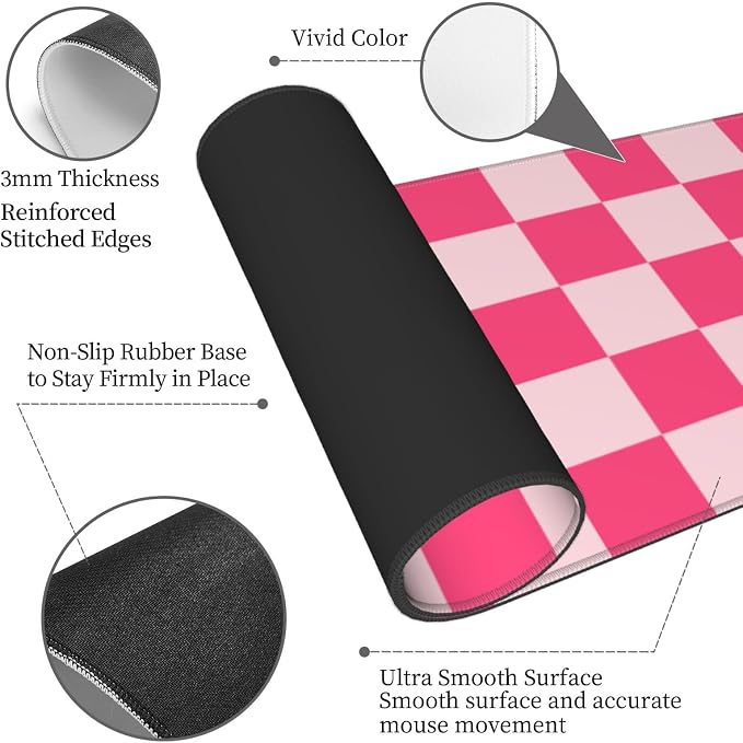 Pink Checkered Cute Gaming Mouse Pad, Large Mouse Pad for Desk Mat XXL XL Mousepad, Big Keyboard Pad Office Desk Accessories Decor