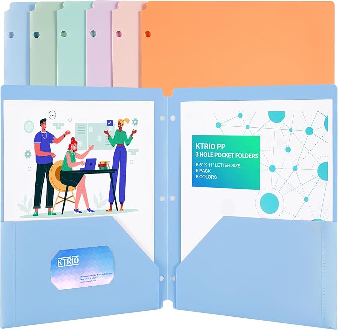 KTRIO 6 Pack Plastic Pocket Folders, 3 Hole, Letter Size, 6 Assorted Colors | 3 Hole Punched, 2 Pocket Storage, Water-Resistant PP, Business Card Slot, 6 Assorted Colors