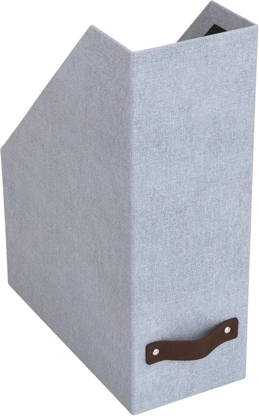 Bigso Box of Sweden Estelle Canvas Fiberboard Upright Magazine Storage Box | Magazine Holder & Organizer for Papers & Catalogs w/Leather Handle for Office Desks | 12.6in x 4.5in x 9.8in | Ash