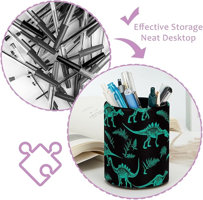 Leather Pen Holder for Desk, Green Dinosaur Makeup Brushes Holder Pencil Cup Multifunctional Desktop Organizer Caddy for Home School Office Desk Accessories