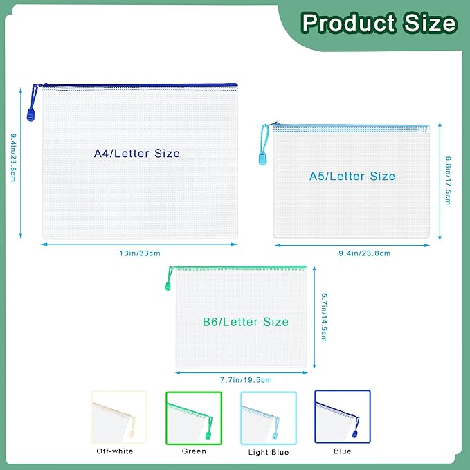 12-Pack Mesh Zipper Pouch Set with 1 Organizer Bag, 3 Sizes (A4, A5, B6) Clear Waterproof File Bags for Travel Organization, Journaling & School Office Supplies (13pcs)