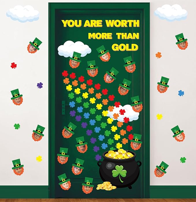 AnyDesign St. Patrick' s Day Classroom Door Decoration Bulletin Board Set Shamrock Clover Gold Coin Pot Paper Cutouts for Irish School Classroom Chalkboard Wall Door Welcome Decor