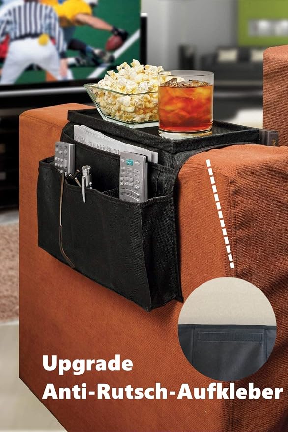 Sofa Armrest Organizer with Cup Holder No-Slip Couch Sofa Armrest Organiser Couch Remote Caddy Control Holder with 1 Large Pockets and 3 Small Pockets for Smart Phone Magazines Ipad Drinks (Black)