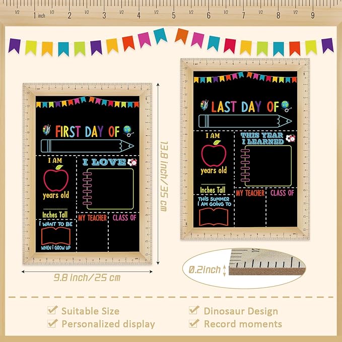 Pajean First and Last Day of School Board Sign Chalkboard with Ruler Frame Printing, Reusable Back to School Board Wooden Double Sided Photo Prop, 14 x 10 Inch