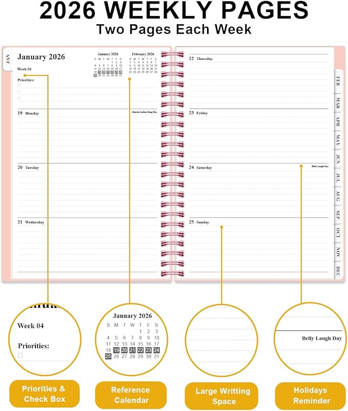 2026 Planner - Weekly and Monthly Planner from Jan 2026 - Dec 2026, Spiral Planning 2026 with 12-Month Tabs, Inner Pocket, 6.25" x 8.5", Pink