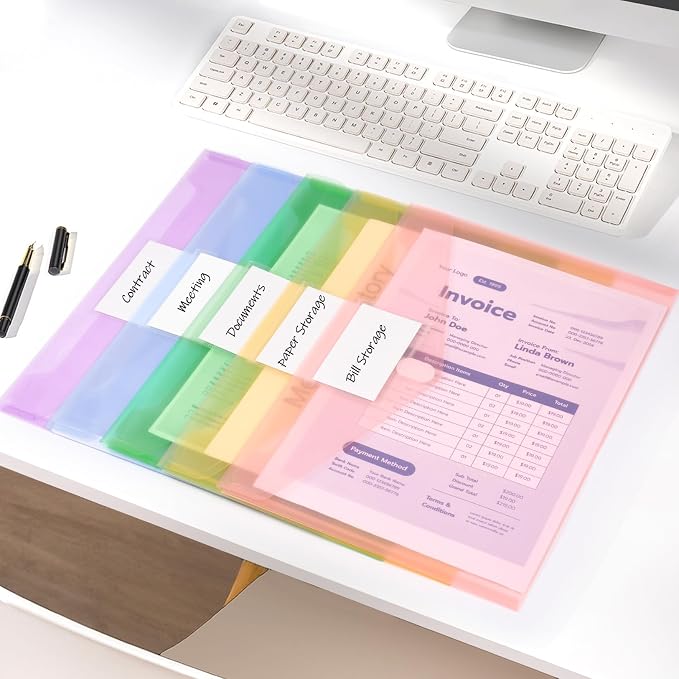 Sooez 36 Packs Plastic Envelopes Plastic File Folders, Clear Document Organizer Folder US Letter A4 Size Folders for Documents with Label Pocket for School Office Work Home Organization, Fresh Colors