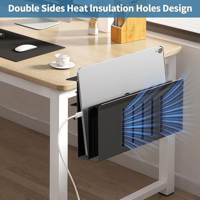 2 Tier Desk Side Laptop Holder, Under Desk Laptop Holder, Clamp On Desks Shelf for Tablet,Files, Accessories, No Drill Hanging Desk Caddy for Office and Home, Load 30Lbs