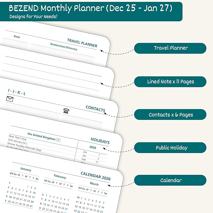 BEZEND Pocket Monthly Planner 2026, Small Calander Book 3.5" x 6.5" Runs Dec 25 to Jan 27, 14-Months Slim Planner for Purse with Rose Gold-Glided Paper Edge & PU Leather Softcover in Dutch Blue