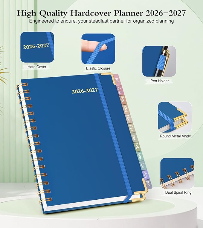 A5 Academic Planner 2026-2027, Weekly and Monthly Planner from July 2026 - June 2027, Hardcover Leather Agenda Book with Tabs, Spiral Daily Calendar Planners for College School Home Teacher Student, Night Sky Blue