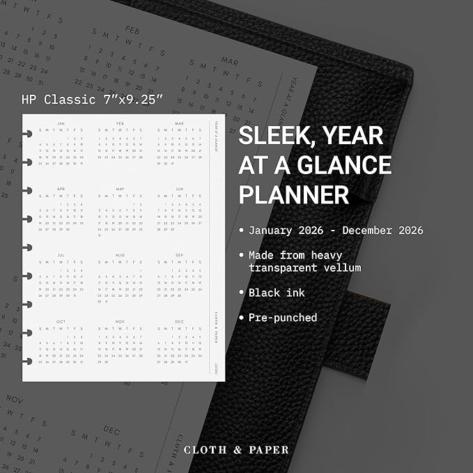 Cloth & Paper 2026 Year At A Glance Planner Single Page Dashboard | HP Classic 9 Disc Punch, 7 x 9.25 Inches | Transparent Vellum, Pre-Punched, Happy Planner Classic