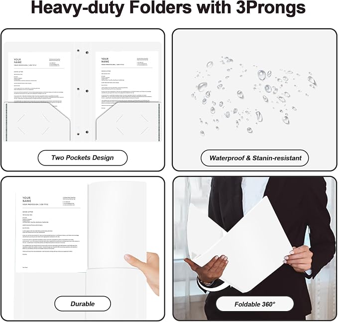 Two Pocket Folders with Prongs, LAYZZ 60 Pack Poly Plastic Folders, Heavy Duty Plastic Folders with Pockets and Prongs, Letter Size, for Offices and Schools (White)