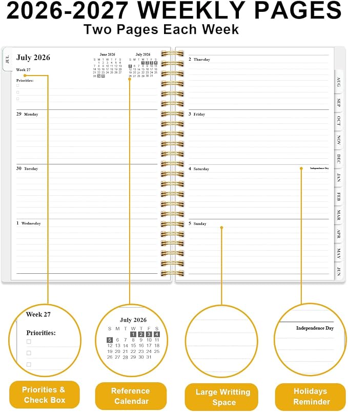 Planner 2026-2027 - Academic Planner from July 2026 to June 2027, Weekly & Monthly Planners Spiral Bound with 12-Month Tabs, Inner Pocket, 6.25" x 8.5", Leaf Flower