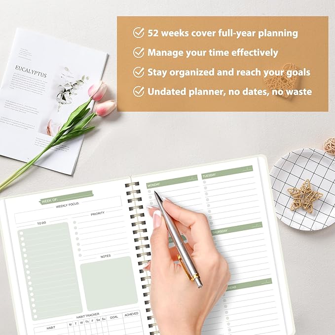 Undated Weekly Planner, Weekly To Do List Notebook with Goal, Organizer & Habit Tracker, A5 Daily Planner with Spiral Binding, Ideal for Office School Suppies
