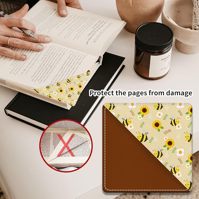 Cute Leather Bookmarks, Fun Triangle Making Corner Bookmark, Book Accessories for Reading Book Lovers, Unbreakable Page Markers for Women Men Cute Sunflower Bees