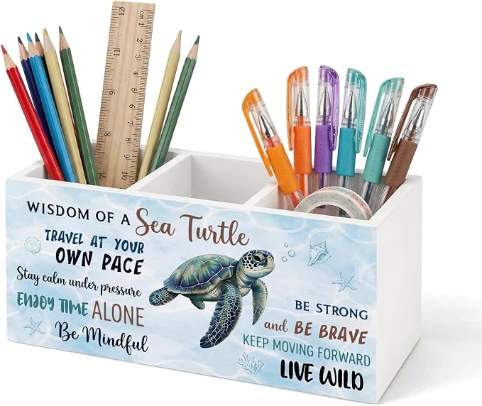 Sea Turtle Pen Pencil Holder for Office Desk Coastal Turtle Office Decor Wooden Ocean Inspirational Organizer Desktop Decor Summer Makeup Brush Toothbrush Holder Gift for Bathroom Desk Accessories