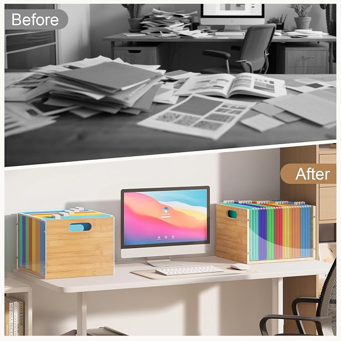 Sbanmao 3 Pack Hanging File Organizer, Clear Acrylic File Box Organizer, Bamboo Filing Box File Crate Organizer Storage Boxes, Portable Filing Organizer with Handle for Letter Size
