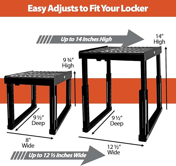 Piffny Locker Organizer Shelf， Adjustable Width and Height, Stackable, Ideal Locker Shelf for School, Office, Gym Lockers, or Even Kitchen Cabinets & Under Sink Organization (Black)