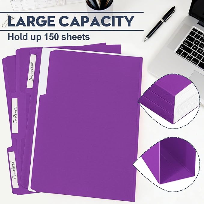 File Folders,Colored File Folders Letter Size 8.5" x 11",150 Pack 1/3 Cut Tab Bulk Folders,Durable Paper Folders with Blank Labels for Office Business School Home Use,Vivid Purple