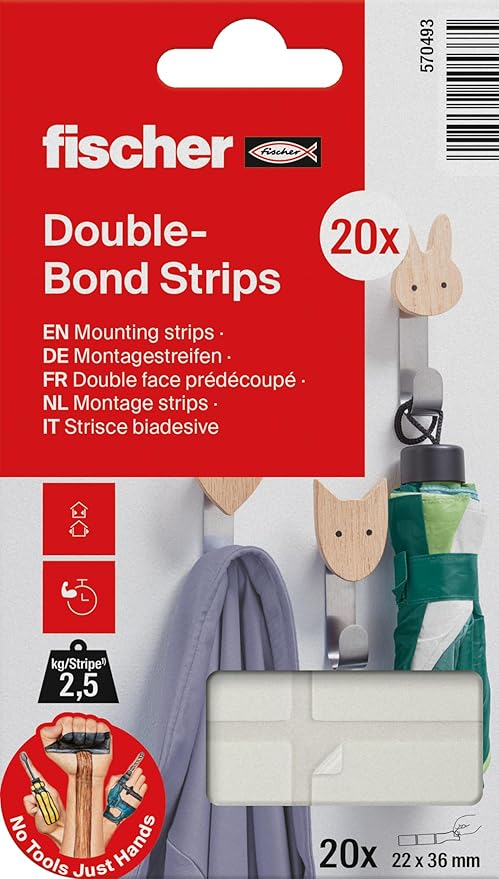 fischer DoubleBond Strips, Double Sided Sticky Pads, Heavy Duty Tape (20 Pieces)