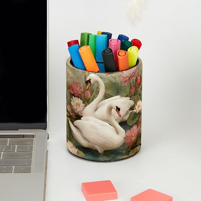 White Swan and Vintage Flowers Leather Pen Holder for Desk, Multifunctional Desktop Organizer Pencil Cup, Desktop Caddy Stationery Organizer for School Home Office Desk Accessories