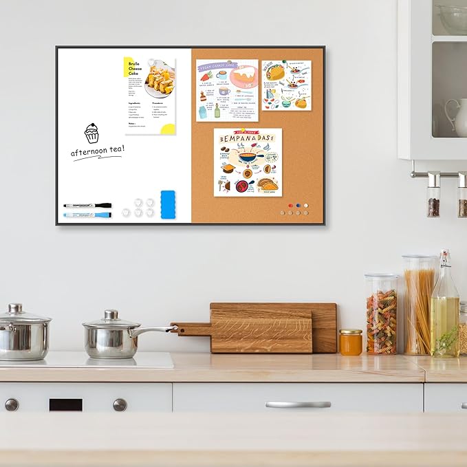 White Board Cork Board Combo, 24" x 18" Magnetic Dry Erase Board & Corkboard for Wall, Bulletin Board Vision Board for Home Office School, Black Aluminum Frame