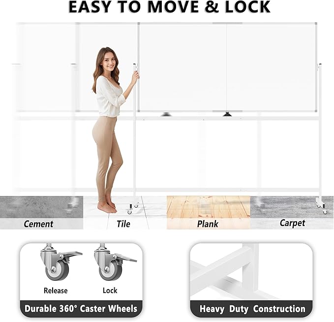 Large Rolling Whiteboard on Wheels, 72" x 36" Double-Sided Mobile White Board with Stand, 6' x 3' Portable Standing Magnetic Dry Erase Board Easel for Home Office Classroom School, Silver