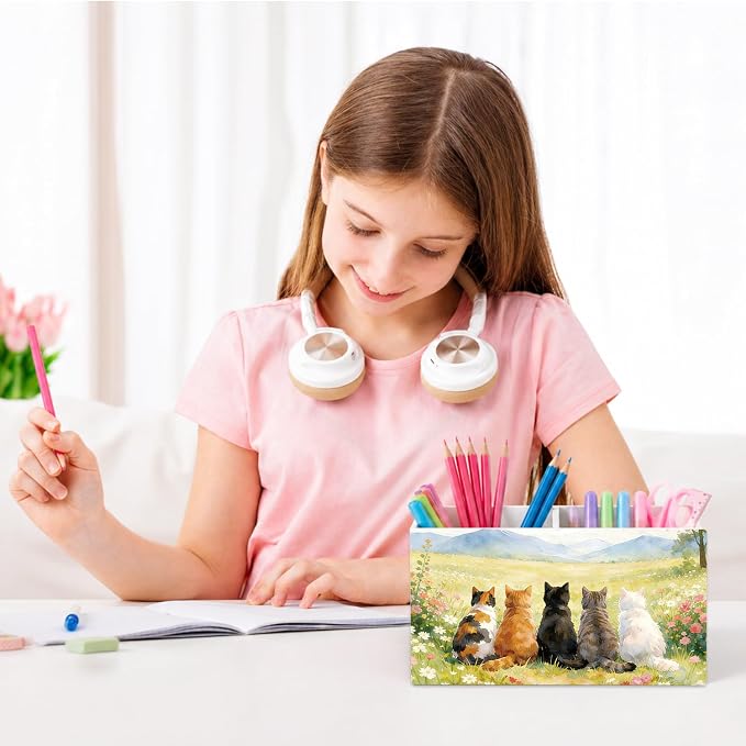 Funny Cat Pen Pencil Holder for Desk, Cat Mom Lady Lover Gifts for Women, Rustic Cottagecore Wildflower Cats Pencil Holders Wooden Box Organizer for Home Office Bedroom Desk Tabletop