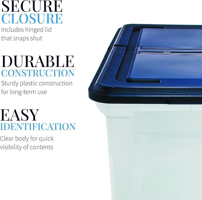 Innovative Storage Designs 55797 File Tote with Hinged Lid, Letter, Plastic, Clear/Navy