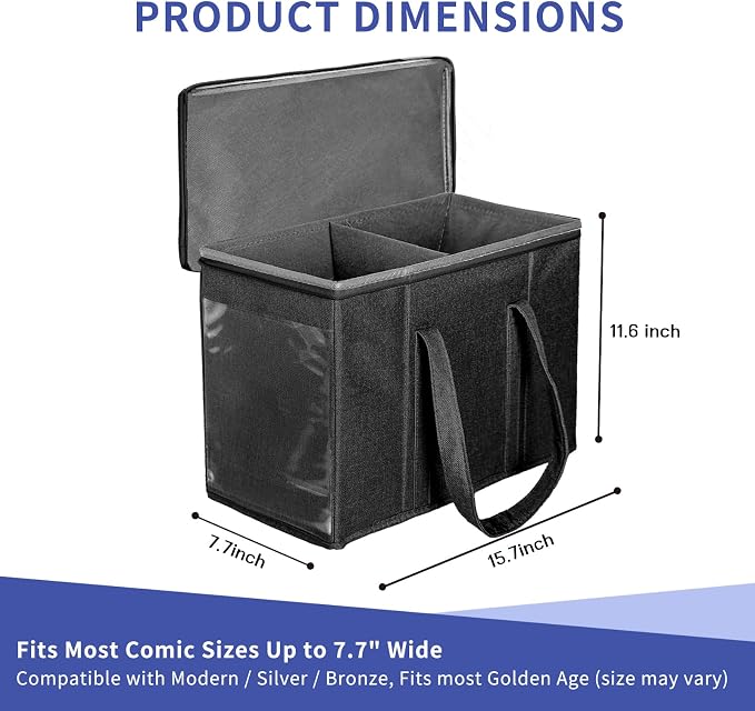 2 Pack Fabric Comic Book Storage Box, Sturdy Comic Book Holder with Adjustable Divider, Collapsible Book Organizer Holds 160-180 Comic Book Heavy Duty Bin Container, Black