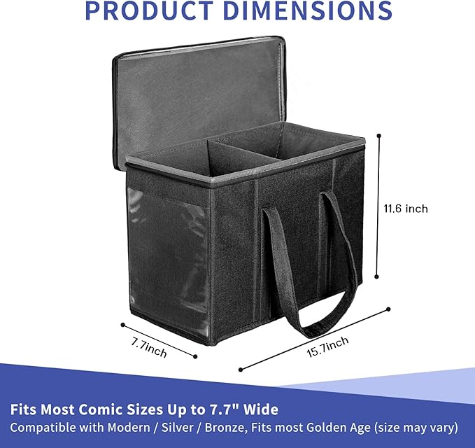 4 Pack Fabric Comic Book Storage Box, Sturdy Comic Book Holder with Adjustable Divider, Collapsible Book Organizer Holds 160-180 Comic Book Heavy Duty Bin Container, Black