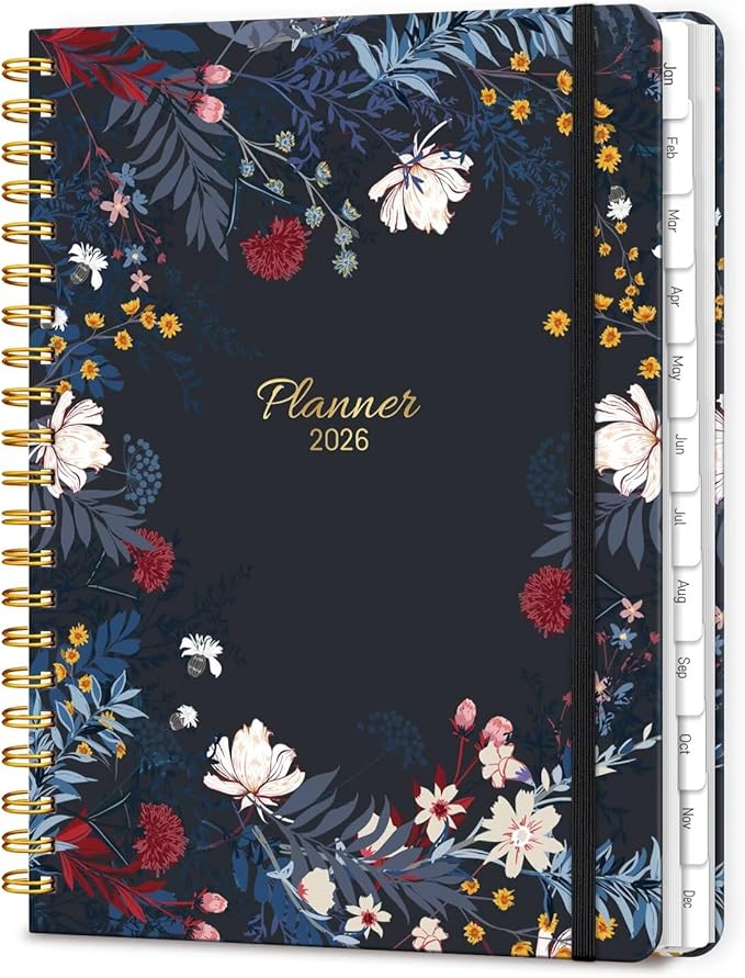 2026 Planner, A5 Weekly and Monthly Planners with Tabs, Spiral Bound Daily Calendar 2026 Planner, Agenda Organizers from Jan. to Dec., Hardcover Habit Tracker Journal 6.18" x 8.5"(Black Bloss)