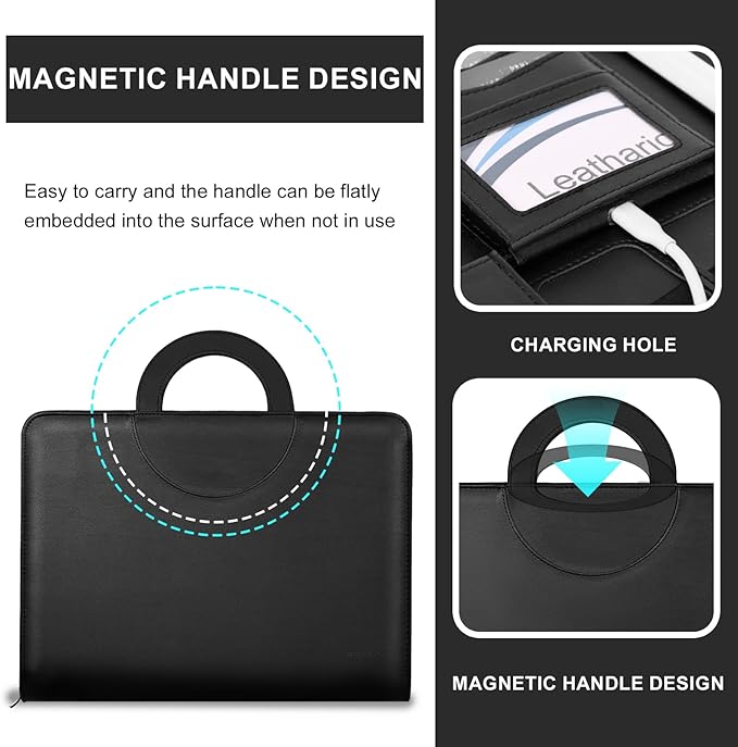 Leathario Portfolio Binder, Includes 5 Folder Index Dividers, 13 Inch Tablets Organizer with Handle, Vegan Leather A4 Padfolio, Multi-Pocket Notepad Business Planner Professional Document