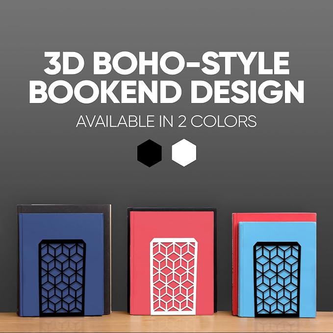 Geomod 3D Cube White Metal Bookends Decorative for Heavy Books - Sturdy Boho Book Stops - Minimal Book Shelf Stopper - Durable Office Bookends - Weighted Metal Book Holders - 7x4.75 Inches - 2 Pair