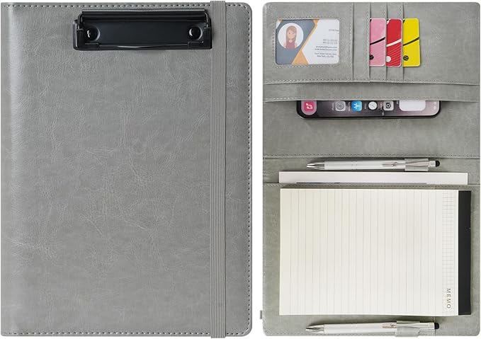 Wonderpool A5 PU Leather Clipboard Partfolio Notepad Forms Holders Document Case - Interview Planner Meeting Writing Padfolio File for Office Travel School Hotel (Grey, A5)